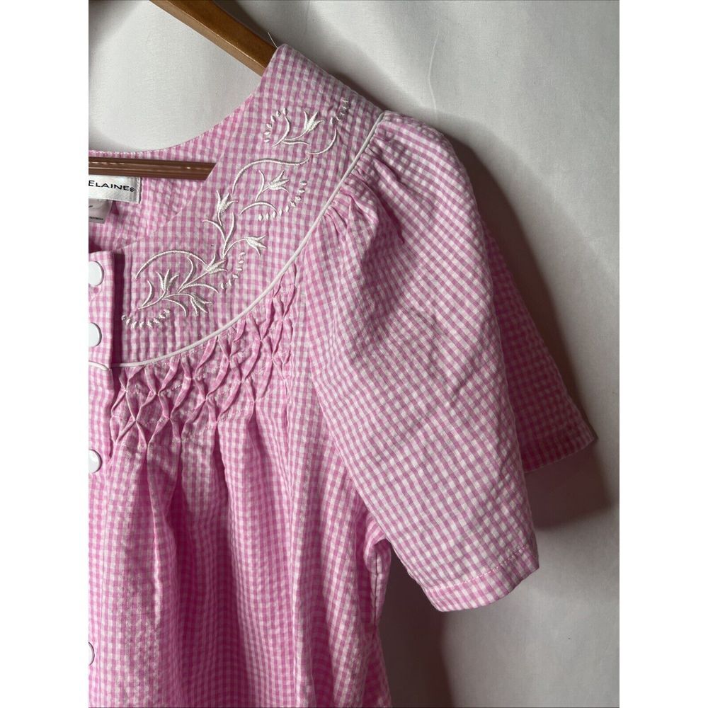 Miss Elaine Seersucker Gingham Checkered Short Sleeve Snap Front Robe Pink S - Picture 5 of 8